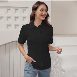 Classic Black Short-Sleeve Button-Up Shirt - Women's